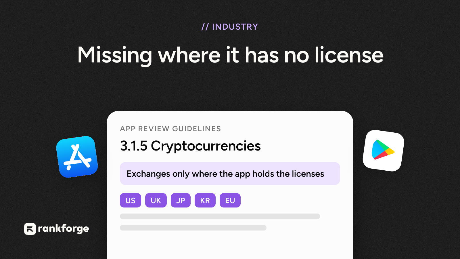 Cover: App Store guideline 3.1.5 on a card, with the licensed countries US, UK, JP, KR, and EU, and the App Store and Google Play icons