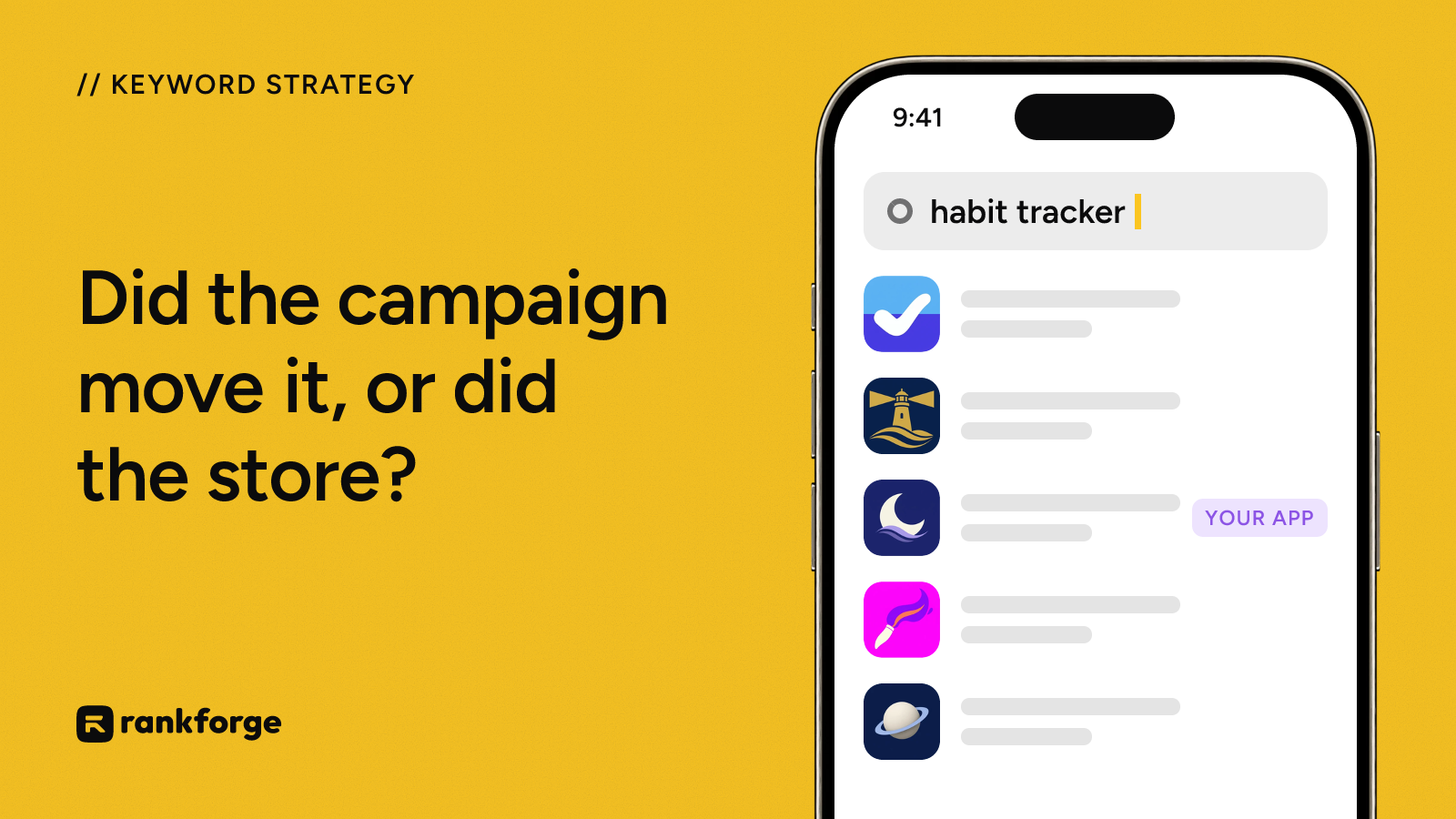 Cover: a phone searching habit tracker, with one result marked your app