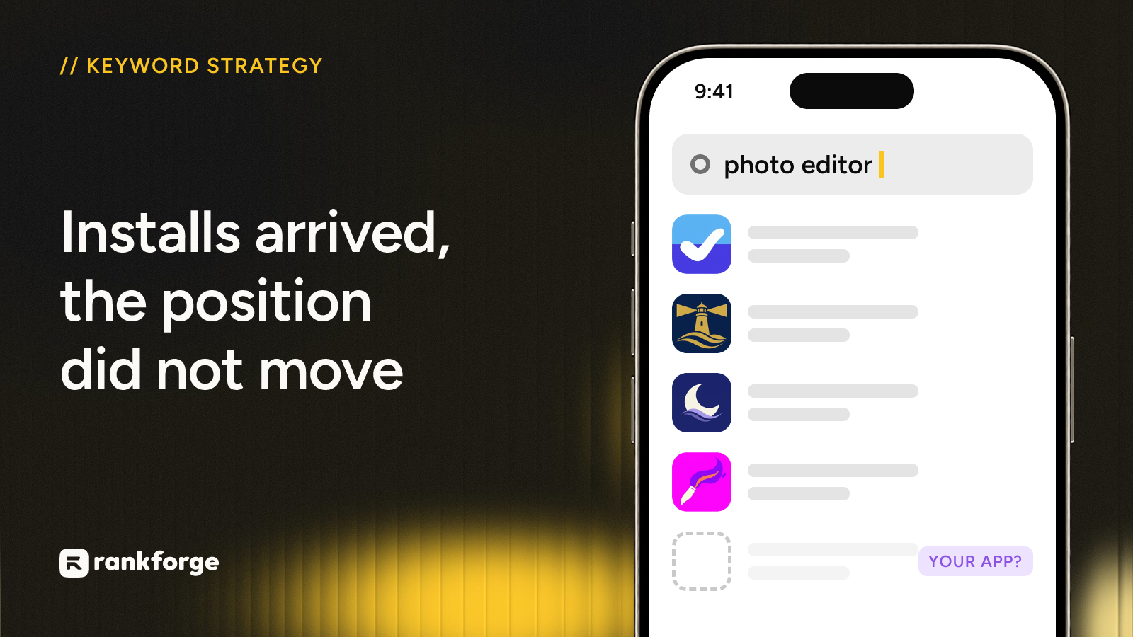 Cover: a phone searching photo editor, with four apps in the results and an empty slot marked your app?