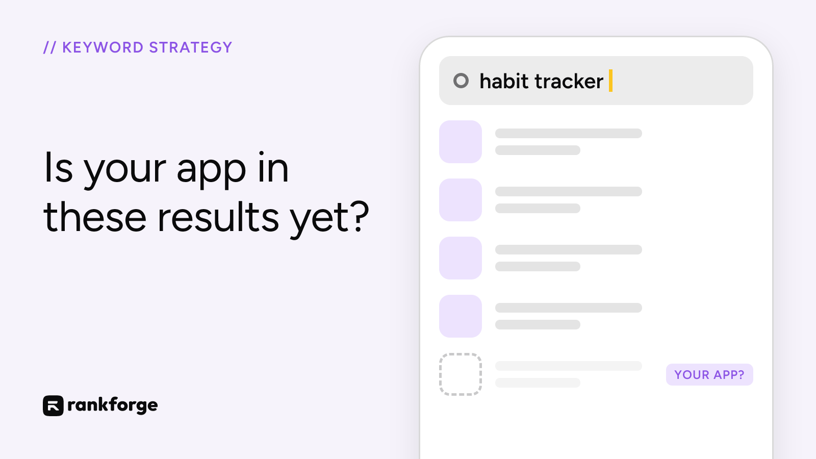 Cover: a phone searching habit tracker, with four apps in the results and an empty slot where your app should be